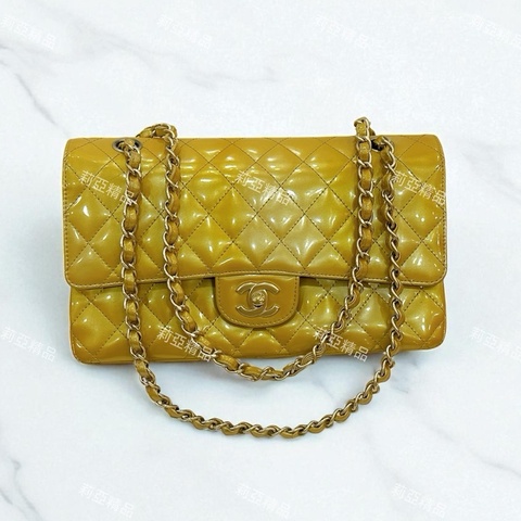 莉亞精品♡Chanel A01112 金色漆皮口蓋包 二手