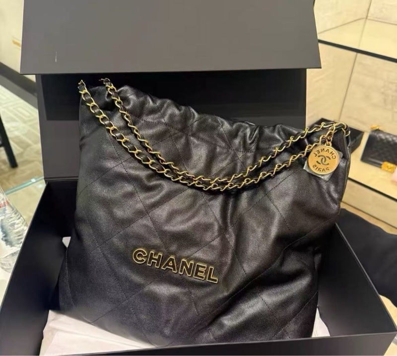 CHANEL 22bag黑金鏤空字體子母垃圾袋中號 閒置新配件齊全帶購證-0