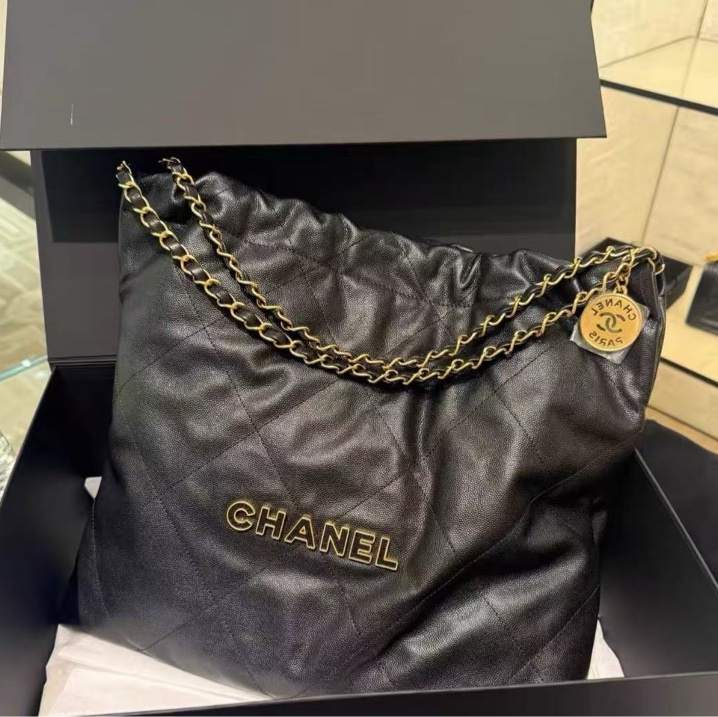 CHANEL 22bag黑金鏤空字體子母垃圾袋中號 閒置新配件齊全帶購證-4