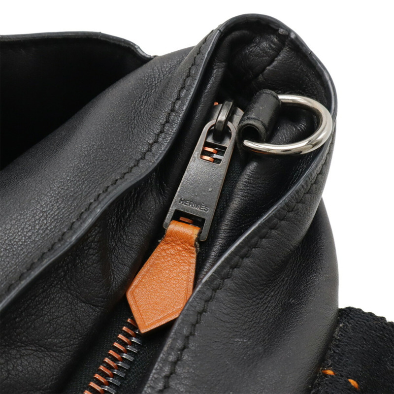 HERMES Caravan Horizontal PM 手提包/單肩包,Veau Derma 皮革,黑色和橙色-4