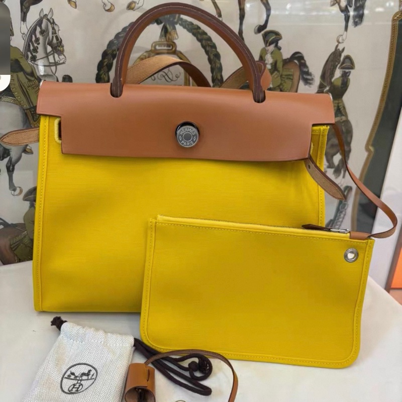 Hermes/爱马仕 Herbag Zip 31，字母手提包，那不勒斯黄，银扣，帆布拼牛皮，D刻-0
