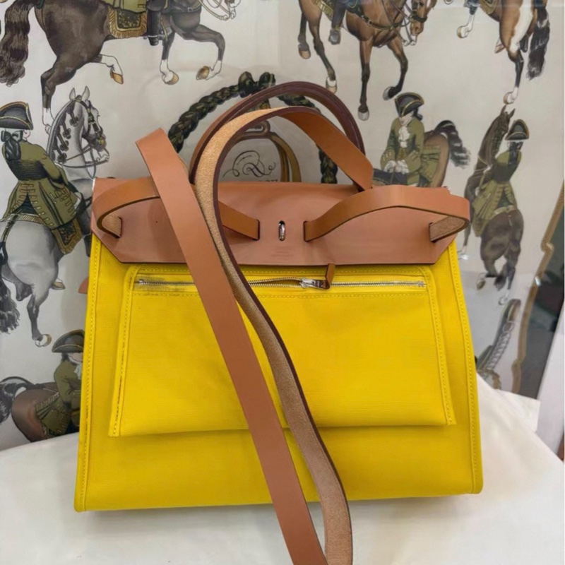 Hermes/爱马仕 Herbag Zip 31，字母手提包，那不勒斯黄，银扣，帆布拼牛皮，D刻-1