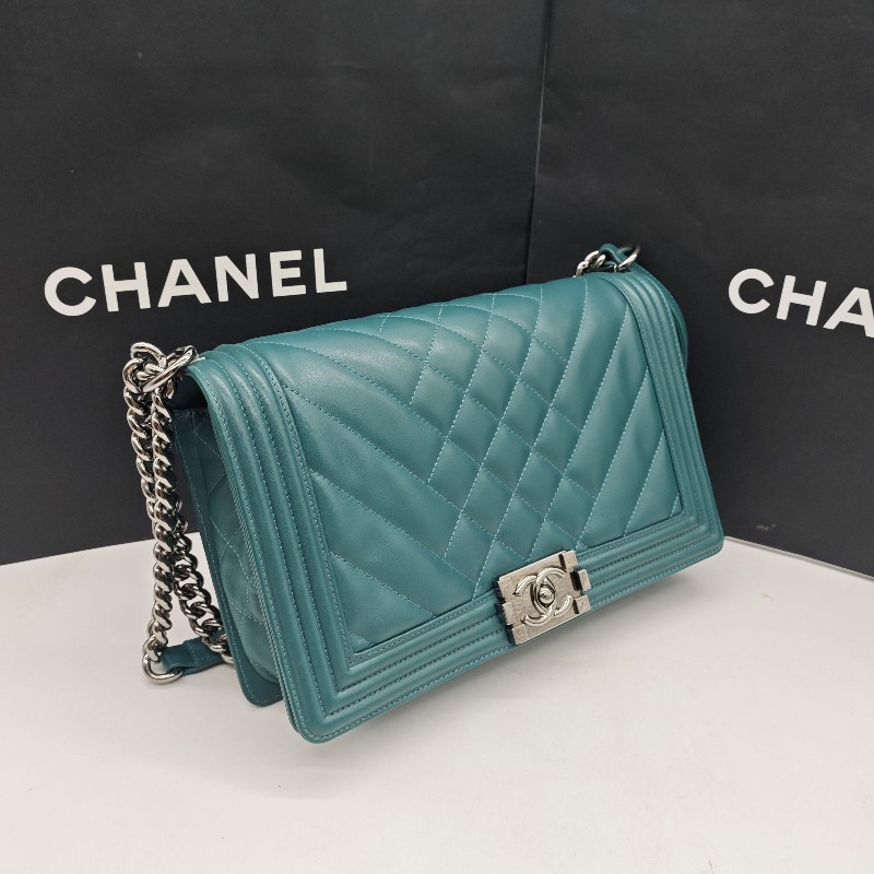 Chanel 綠色銀扣光面牛皮中號leboy 肩背包 斜背包-2