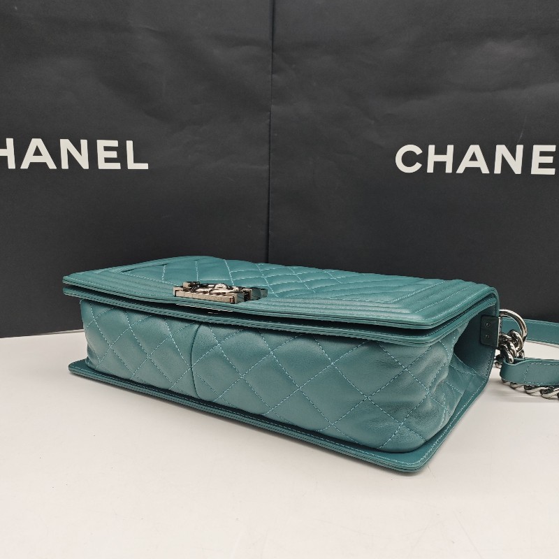 Chanel 綠色銀扣光面牛皮中號leboy 肩背包 斜背包-4