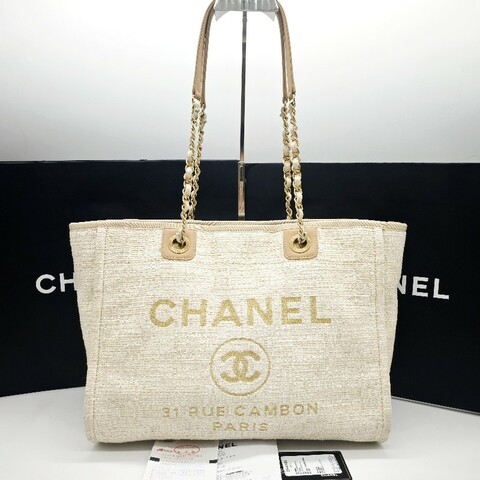 Chanel 米白色金扣編織沙灘包 tote 肩背包 🈶購鉦