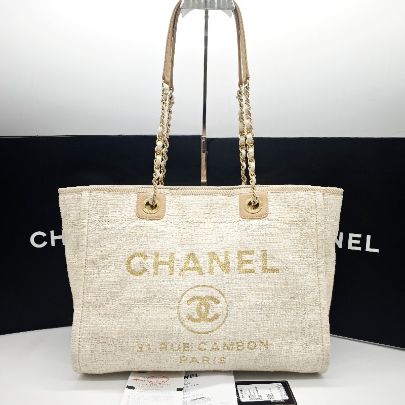 Chanel 米白色金扣編織沙灘包 tote 肩背包 🈶購鉦-0