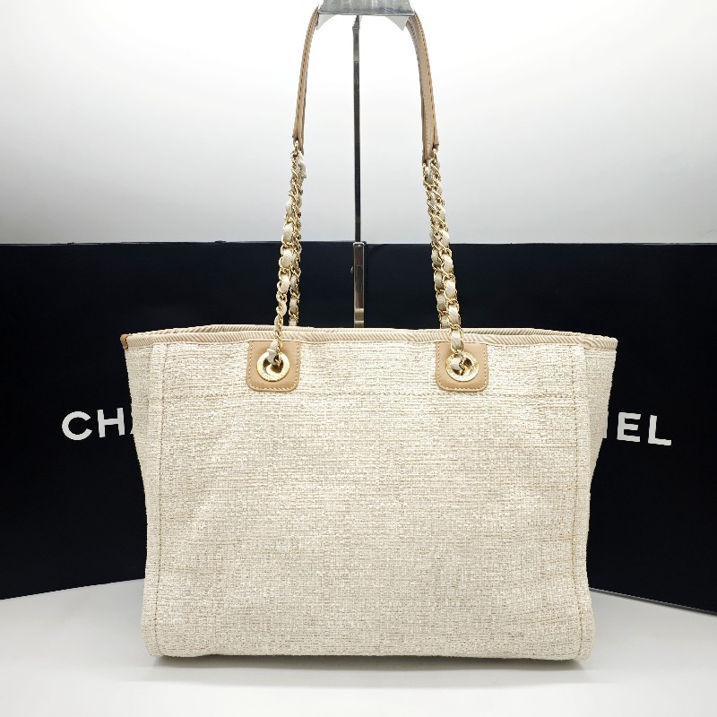 Chanel 米白色金扣編織沙灘包 tote 肩背包 🈶購鉦-1