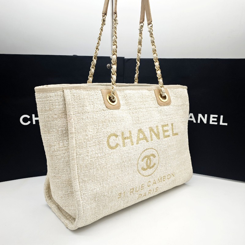 Chanel 米白色金扣編織沙灘包 tote 肩背包 🈶購鉦-2
