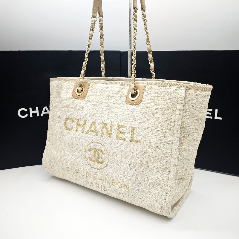 Chanel 米白色金扣編織沙灘包 tote 肩背包 🈶購鉦-3