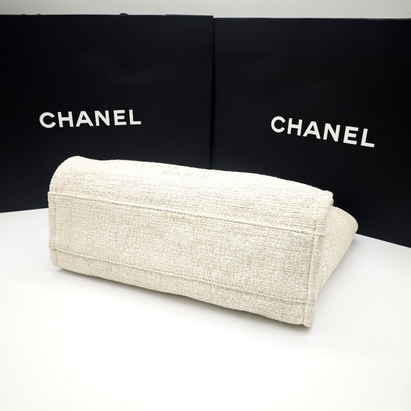 Chanel 米白色金扣編織沙灘包 tote 肩背包 🈶購鉦-4