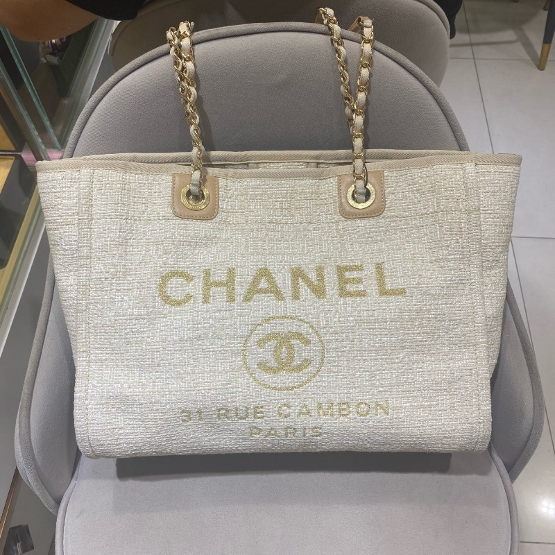 Chanel 米白色金扣編織沙灘包 tote 肩背包 🈶購鉦-6