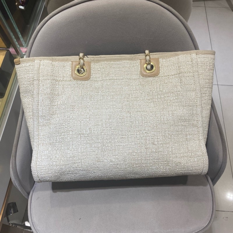 Chanel 米白色金扣編織沙灘包 tote 肩背包 🈶購鉦-7