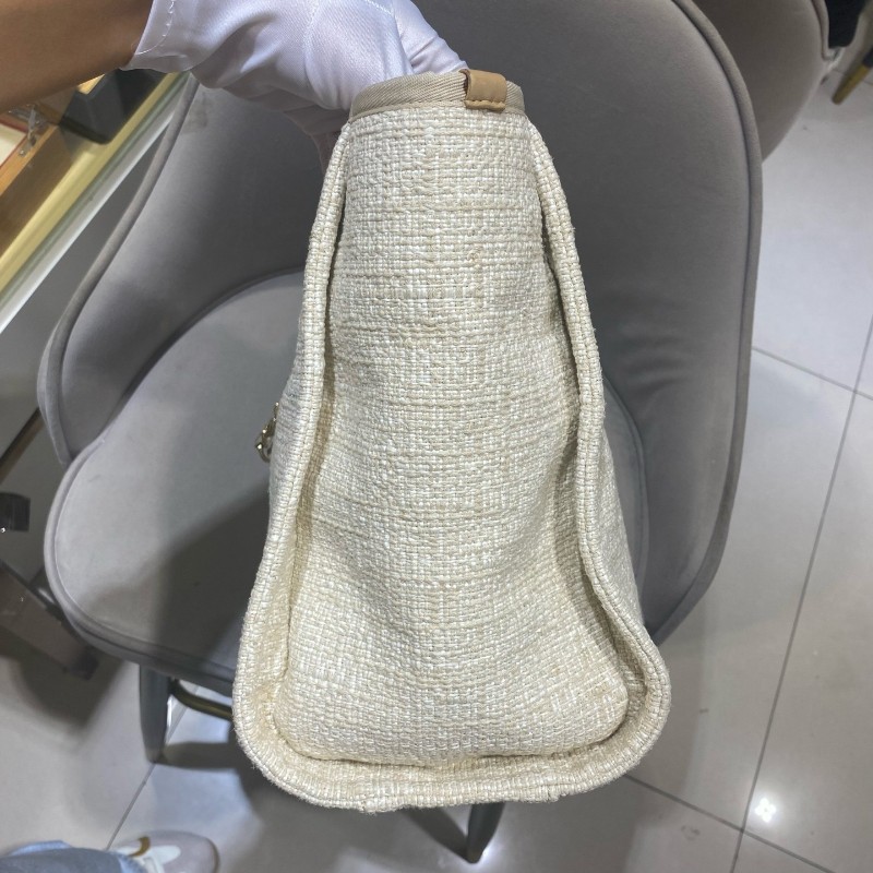 Chanel 米白色金扣編織沙灘包 tote 肩背包 🈶購鉦-9