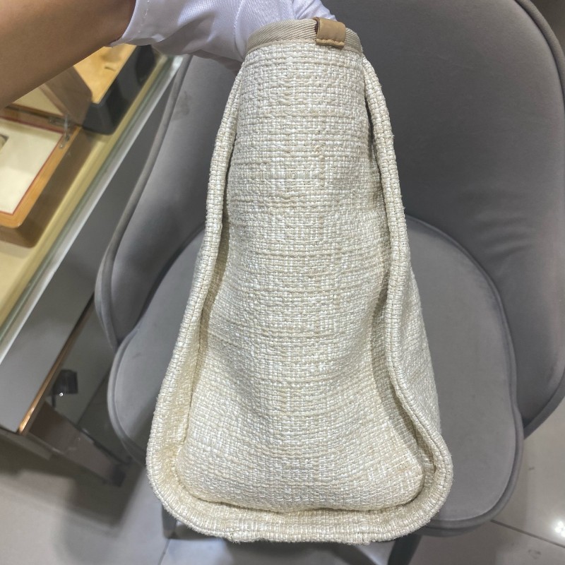 Chanel 米白色金扣編織沙灘包 tote 肩背包 🈶購鉦-10