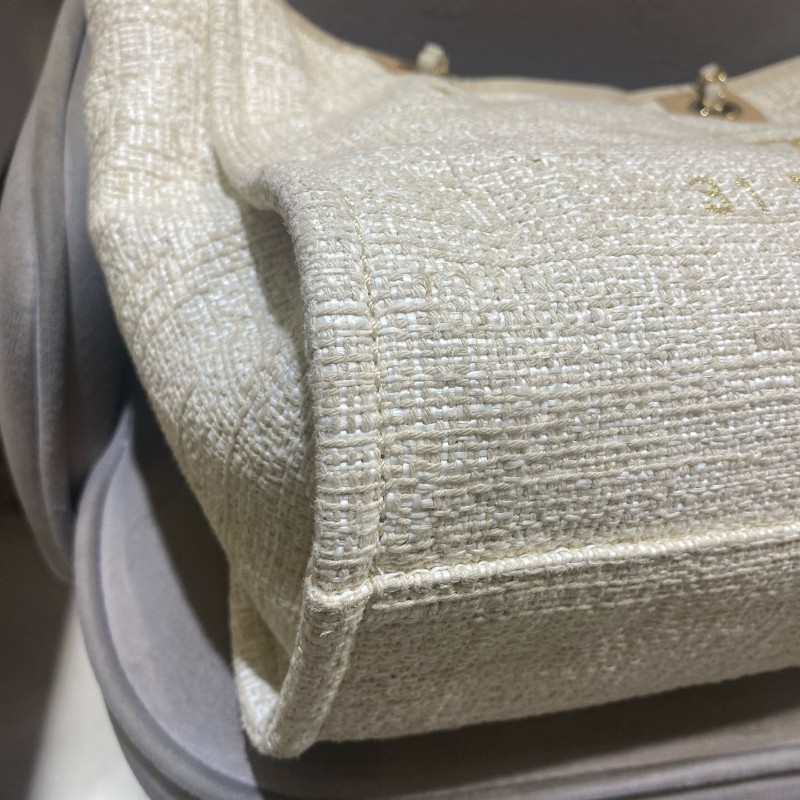 Chanel 米白色金扣編織沙灘包 tote 肩背包 🈶購鉦-13
