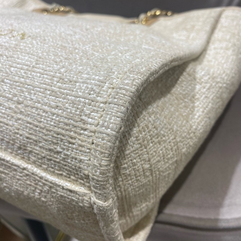 Chanel 米白色金扣編織沙灘包 tote 肩背包 🈶購鉦-14