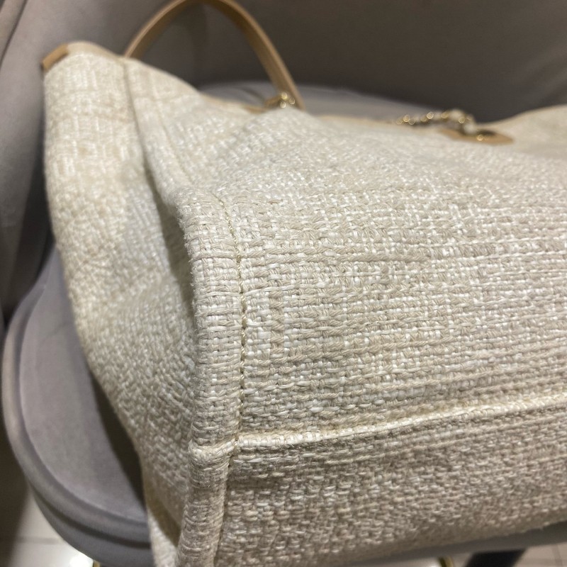 Chanel 米白色金扣編織沙灘包 tote 肩背包 🈶購鉦-15