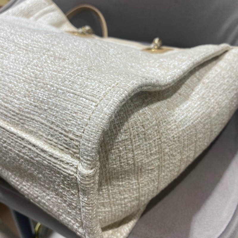 Chanel 米白色金扣編織沙灘包 tote 肩背包 🈶購鉦-16