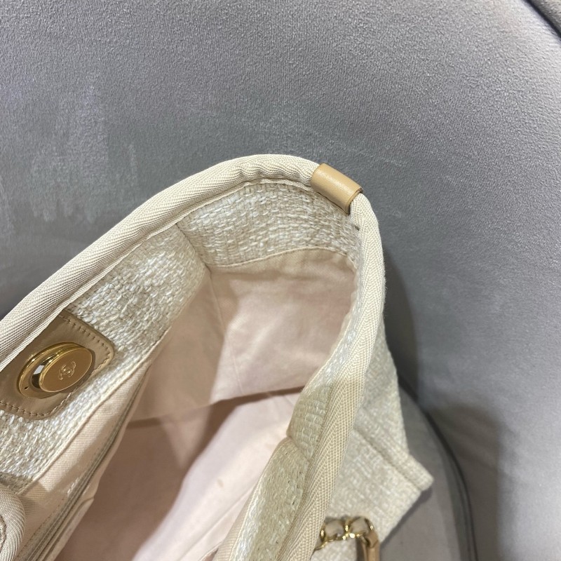 Chanel 米白色金扣編織沙灘包 tote 肩背包 🈶購鉦-18