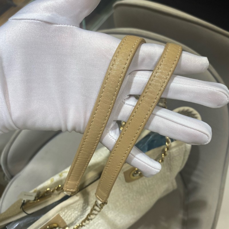 Chanel 米白色金扣編織沙灘包 tote 肩背包 🈶購鉦-19