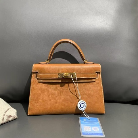 Hermes愛馬仕mini Kelly二代金棕色內拼檸檬黃W刻