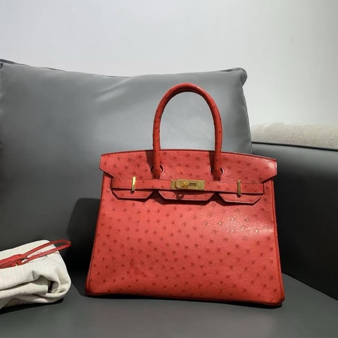 Hermes 愛馬仕 birkin30 紅色鴕鳥皮金扣 x 刻 手提包👜