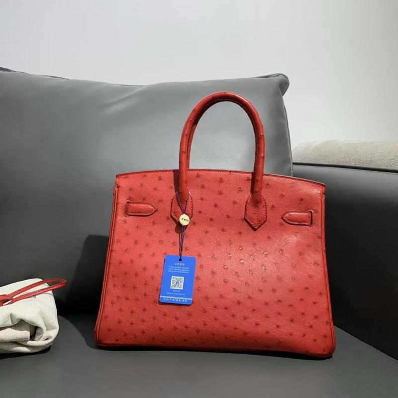 Hermes 愛馬仕 birkin30 紅色鴕鳥皮金扣 x 刻 手提包👜-1