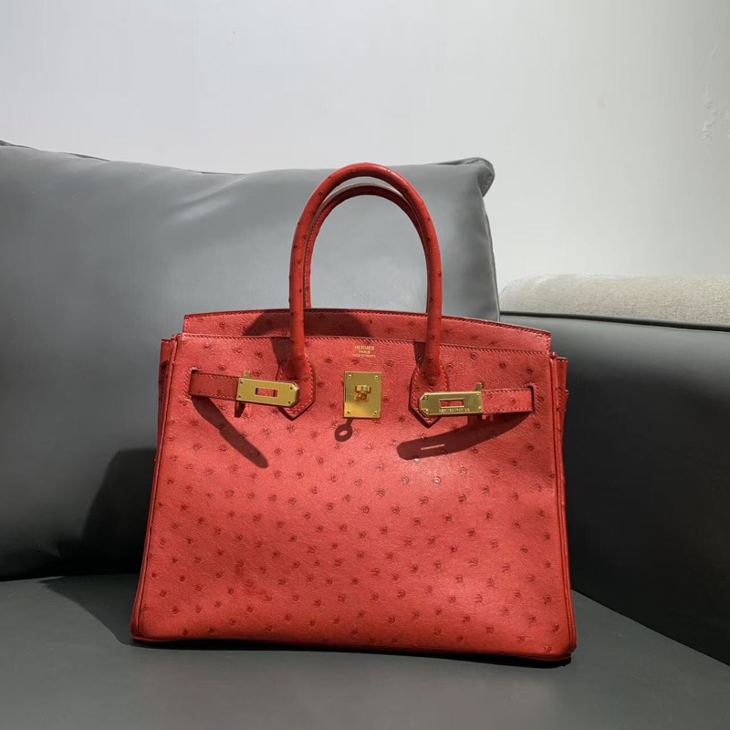 Hermes 愛馬仕 birkin30 紅色鴕鳥皮金扣 x 刻 手提包👜-2