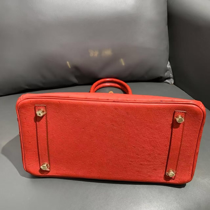 Hermes 愛馬仕 birkin30 紅色鴕鳥皮金扣 x 刻 手提包👜-3