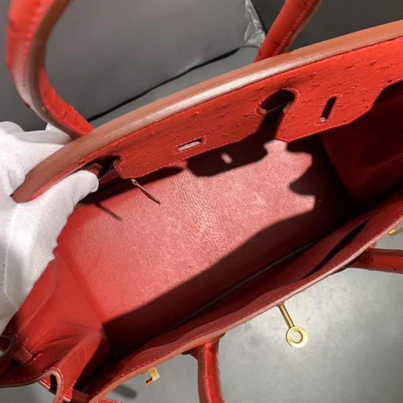 Hermes 愛馬仕 birkin30 紅色鴕鳥皮金扣 x 刻 手提包👜-4