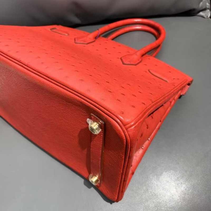 Hermes 愛馬仕 birkin30 紅色鴕鳥皮金扣 x 刻 手提包👜-6