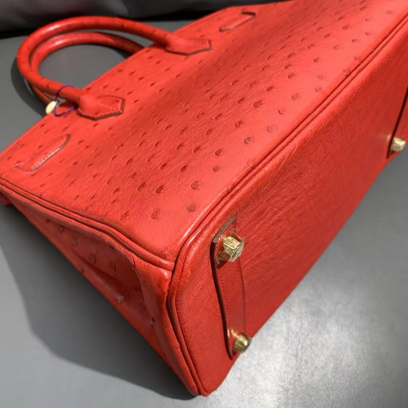 Hermes 愛馬仕 birkin30 紅色鴕鳥皮金扣 x 刻 手提包👜-7