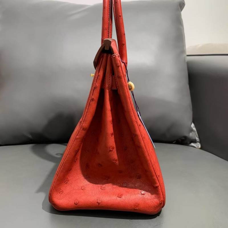 Hermes 愛馬仕 birkin30 紅色鴕鳥皮金扣 x 刻 手提包👜-8