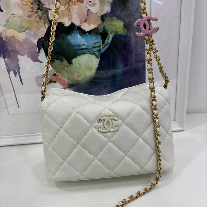 Chanel24A白色琺瑯hobo,鏈條可拆 閒置未使用過-1