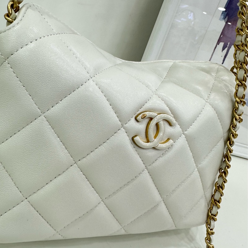 Chanel24A白色琺瑯hobo,鏈條可拆 閒置未使用過-9