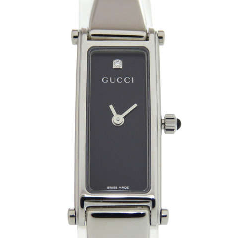 Gucci 1500L 不鏽鋼手錶，單顆鑽石，黑色錶盤，銀色石英機芯，1056