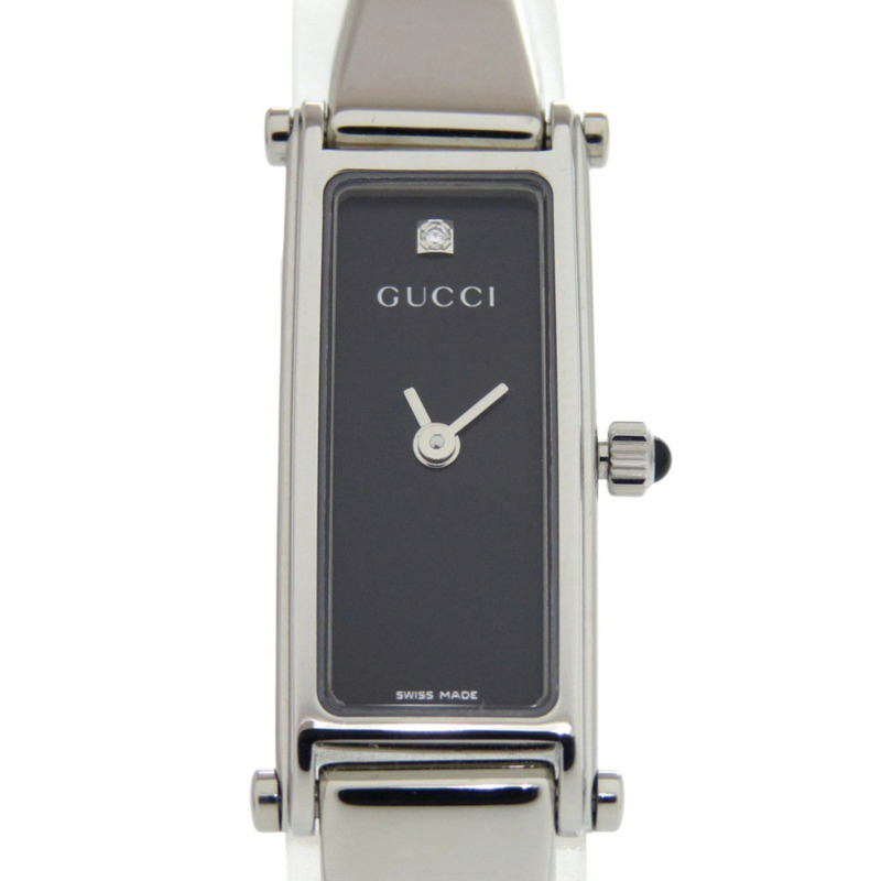 Gucci 1500L 不鏽鋼手錶,單顆鑽石,黑色錶盤,銀色石英機芯,1056-0