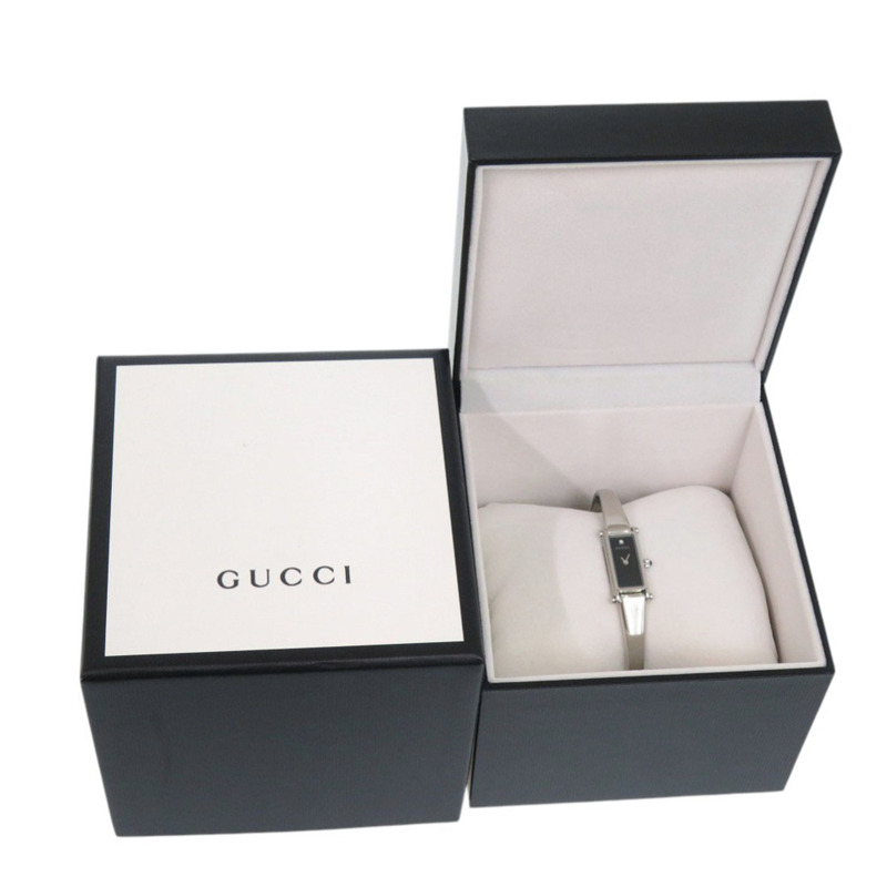 Gucci 1500L 不鏽鋼手錶,單顆鑽石,黑色錶盤,銀色石英機芯,1056-1