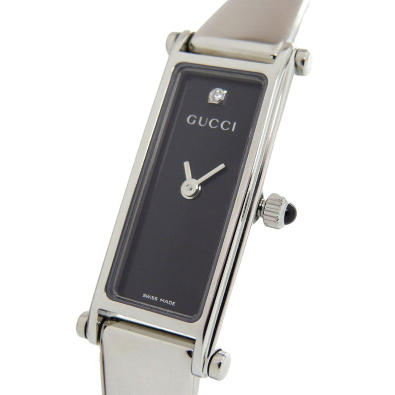 Gucci 1500L 不鏽鋼手錶,單顆鑽石,黑色錶盤,銀色石英機芯,1056-2