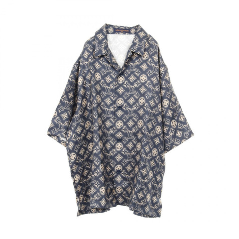 LOUIS VUITTON Monogram 短袖襯衫上衣真絲海軍藍米色二手男式 #XL