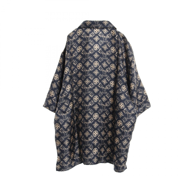 LOUIS VUITTON Monogram 短袖襯衫上衣真絲海軍藍米色二手男式 #XL-1