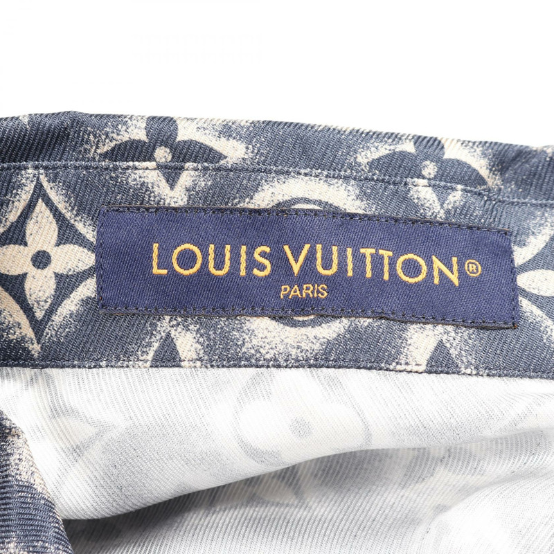 LOUIS VUITTON Monogram 短袖襯衫上衣真絲海軍藍米色二手男式 #XL-2