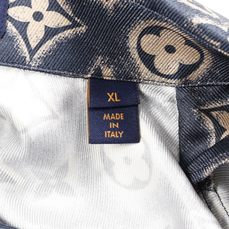 LOUIS VUITTON Monogram 短袖襯衫上衣真絲海軍藍米色二手男式 #XL-3