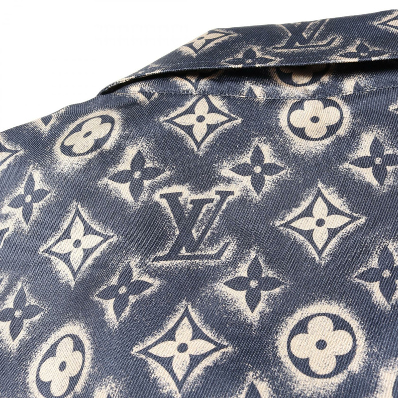 LOUIS VUITTON Monogram 短袖襯衫上衣真絲海軍藍米色二手男式 #XL-10