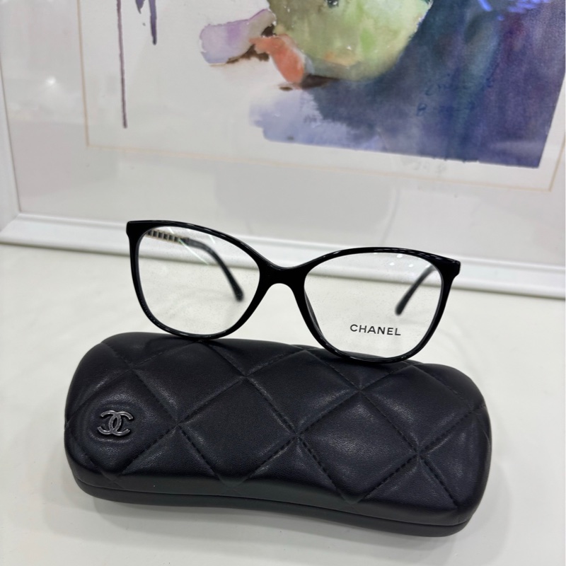 Chanel 香奈兒 趙露思同款 黑色貓眼方格 金色編織多logo鏡腿CH3408 平光鏡-0