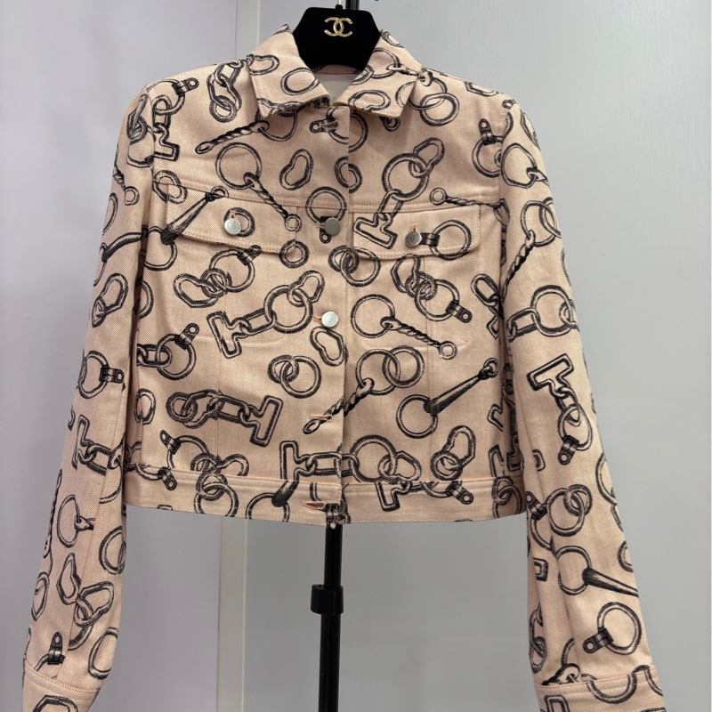 Hermès愛馬仕粉紅牛仔外套,經典鎖鏈圖案,超時尚!全新吊牌,38碼-0