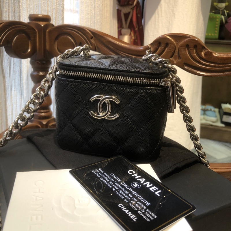 Chanel 香奈儿黑银22S 珐琅扣银链小盒子 芯片款-0