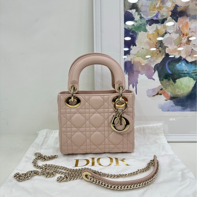 Dior 戴妃三格粉紅羊皮革藤格紋 好成色 24年編碼 99新-0
