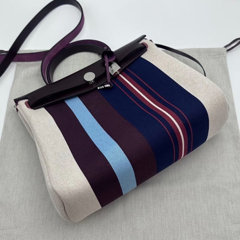 HERMES 拼皮條紋帆布銀扣Herbag31子母手提肩背包31*26*11 全新閒置配件盒子塵袋鎖鑰匙-2