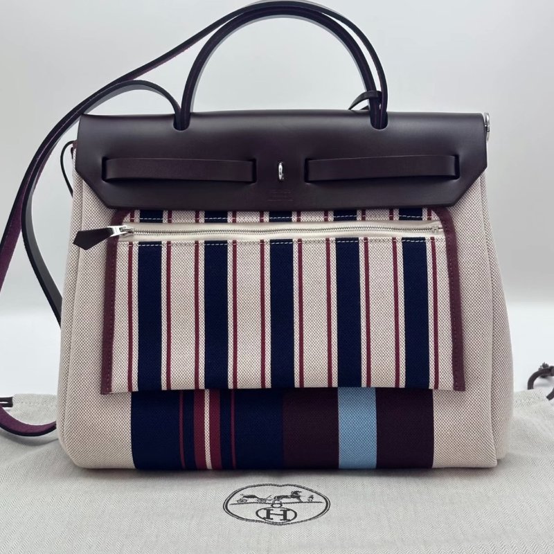 HERMES 拼皮條紋帆布銀扣Herbag31子母手提肩背包31*26*11 全新閒置配件盒子塵袋鎖鑰匙-3